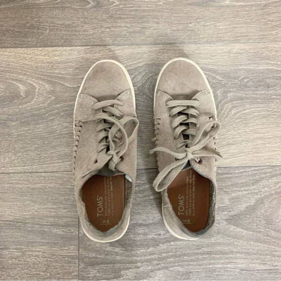 Toms Lenox Sneakers Shoes Lace Up Suede Woven Panel Desert Grey Women Size 6 - Picture 7 of 16